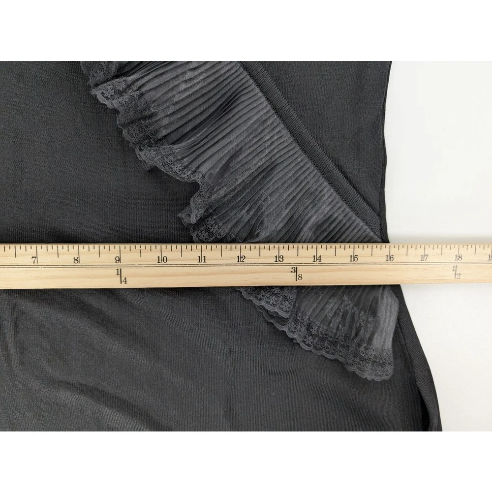 Exclusively Misook Pleated Ruffle Trim Black Faux Wrap Top Goth Grunge XS